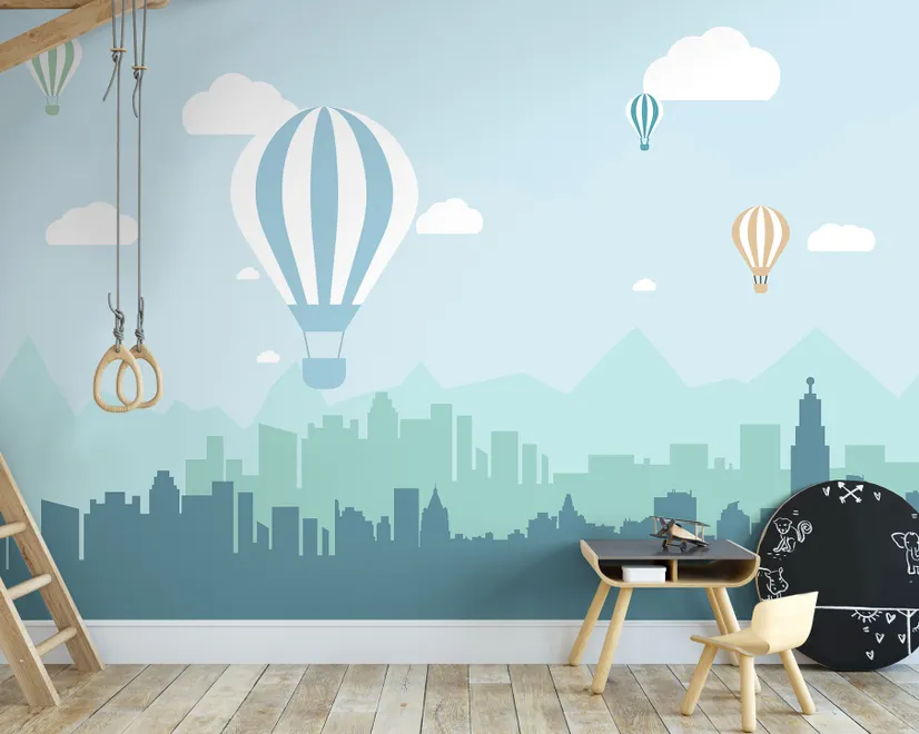 Papier peint panoramique paysage urbain bleu avec montgolfières