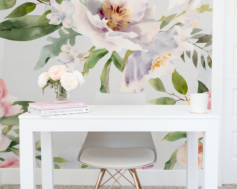 Papier peint panoramique aquarelle blanc rose Bouquet floral