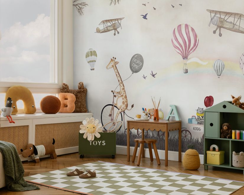 Vintage Hot Air Balloon and Rainbow Wallpaper Mural