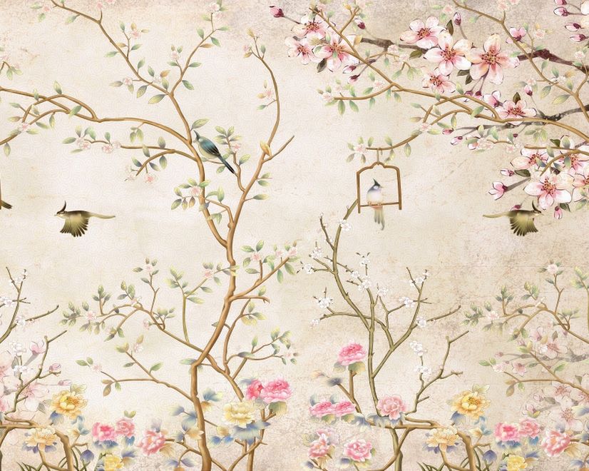 Soft Chinese Florals with Little Birds Wallpaper Mural