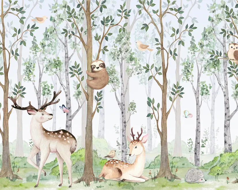 Nursery Cute Animals in the Forest Watercolor Kids Wallpaper Murals