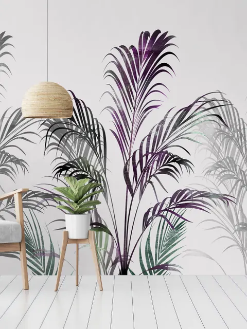 Tropical Fresh Purple Green Palm Leaves Wallpaper Mural