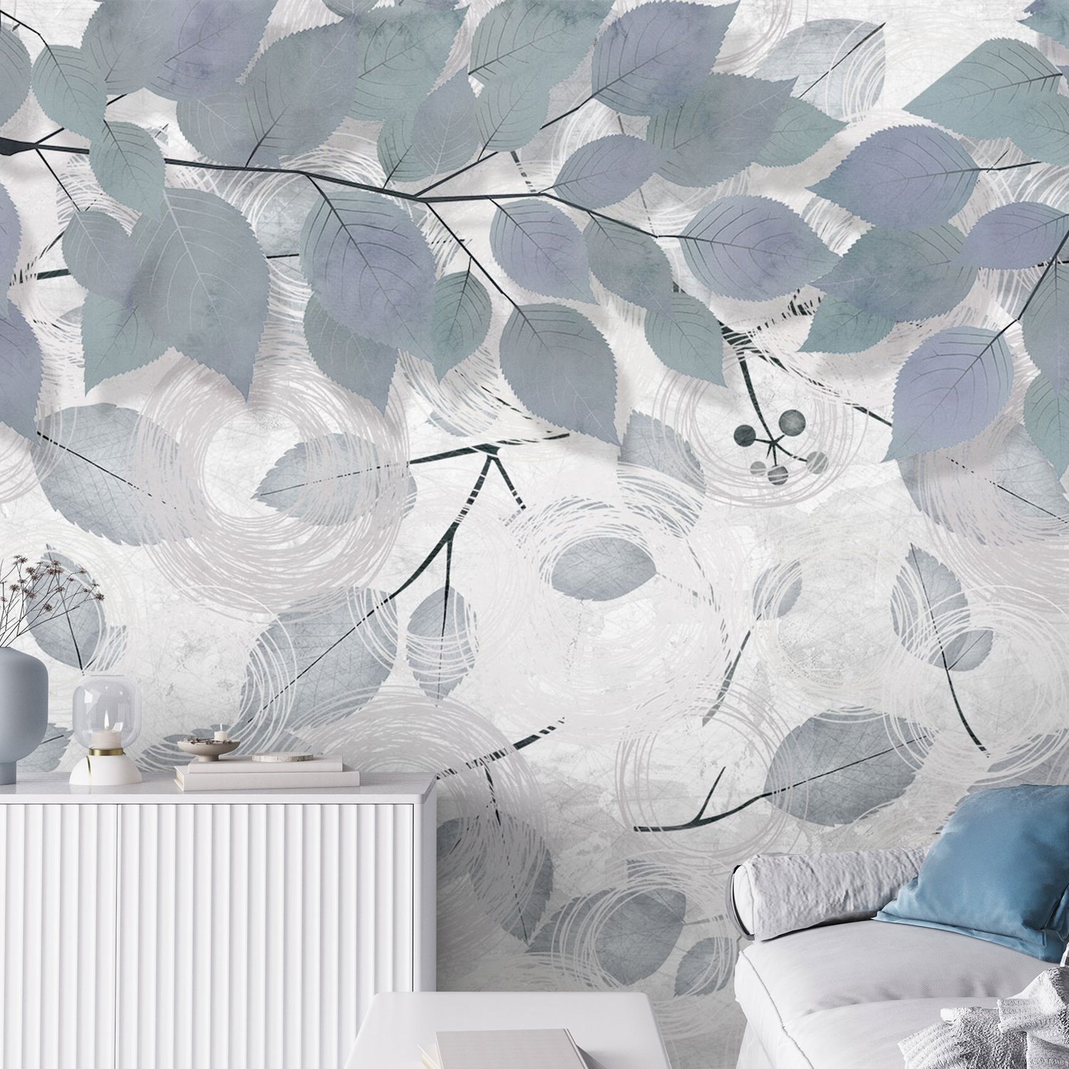 Nordic Tree Branch Leaves Wallpaper Mural - Peel and Stick