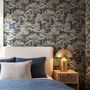 Navy wallpaper with warm ivory and taupe grey toile tree repeat on deep slate blue ground