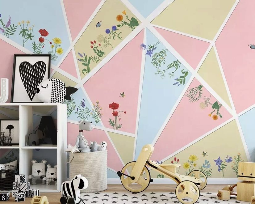 Flowery with Geometric Shapes Wallpaper Mural