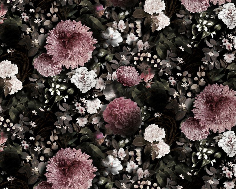 Dark Floral  Pink Chrysanthemum and Green Leaves Wallpaper Mural