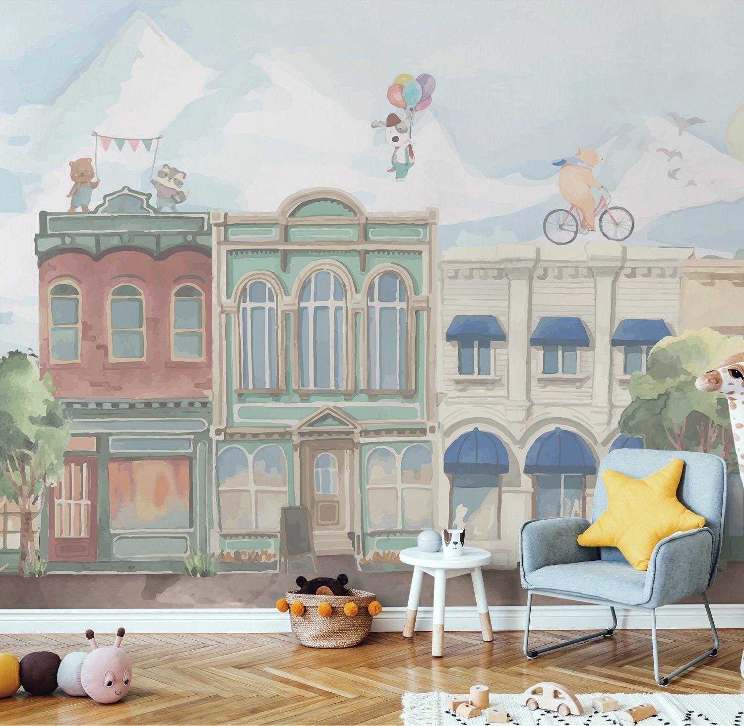 Kids Village Drawing with Cartoon Animals Wallpaper Mural - Peel and Stick
