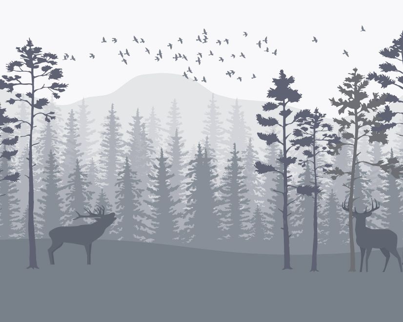 Monochrome Mountain and Forest Scape Wallpaper Mural