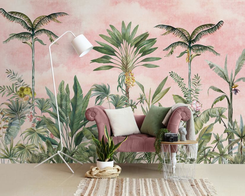 Watercolor Pink Tropical Chinoiserie Wallpaper Mural