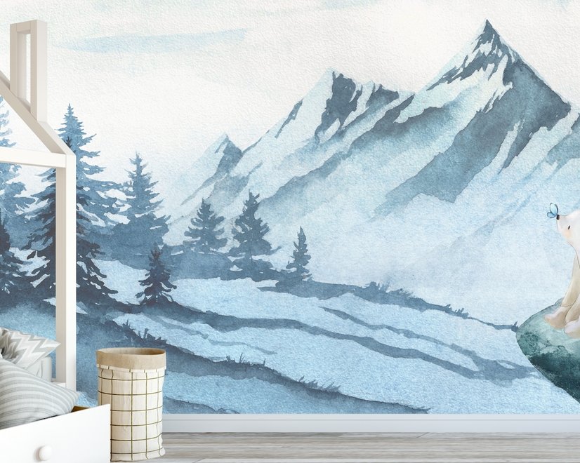 Kids Mountain Landscape with Cartoon Bear Wallpaper Mural