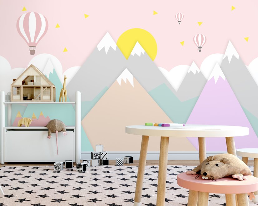 Pink Mountainscape and Hot Air Balloon Wallpaper Mural