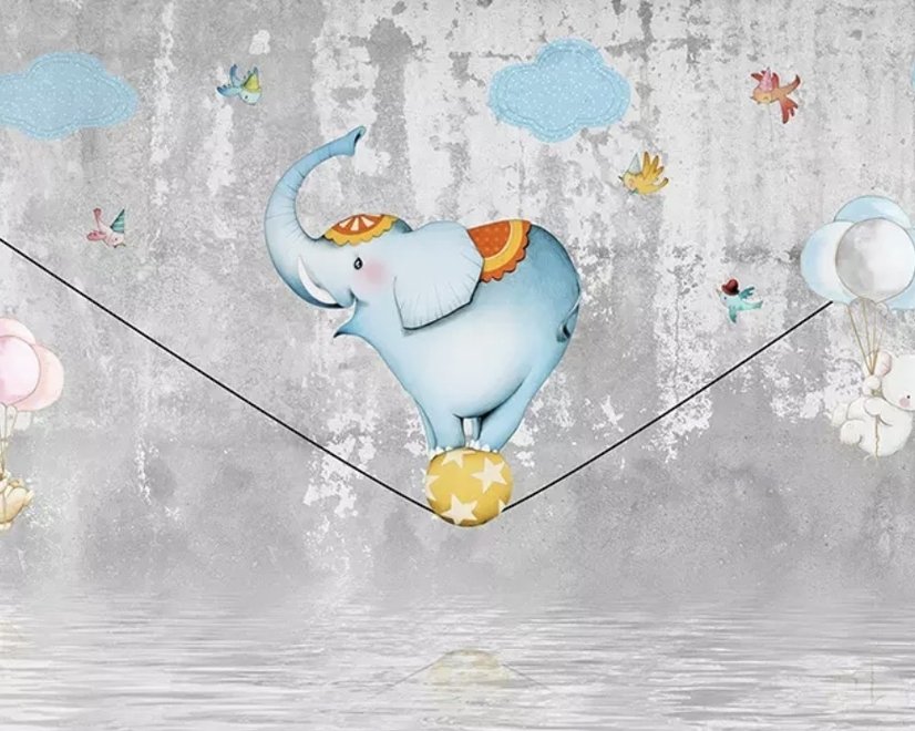 Papier peint panoramique funambule avec éléphant de dessin animé sur la balle