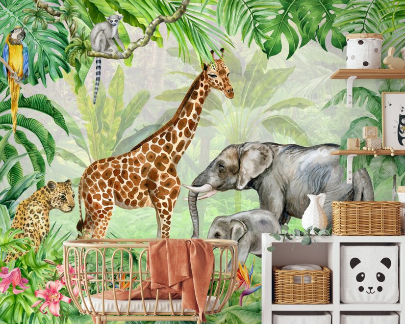 Kinder Safari Aquarell Tropischer Wald Dschungeltiere Fototapeten