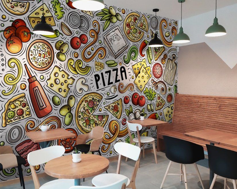 Papier peint panoramique de dessins animés sur la restauration rapide et les pizzas