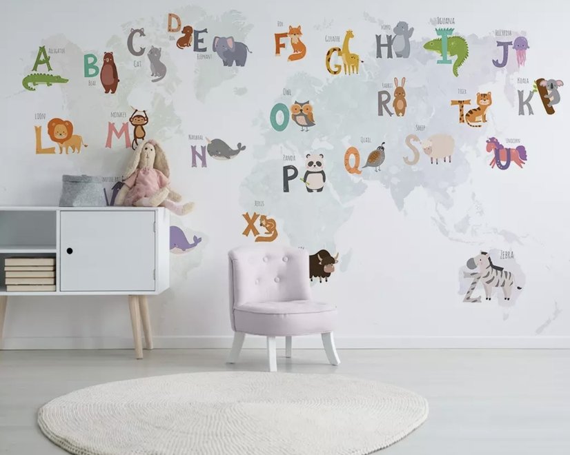 Papier peint alphabet carte du monde animaux cartoon