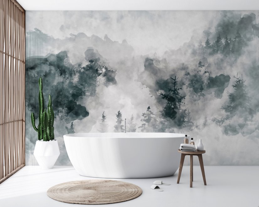 Fototapete Aquarellstil Abstrakter Nebliger Dunkler Wald
