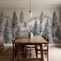 Monochrome forest with fog wallpaper mural showing tall pine trees, firs and silver-grey mist