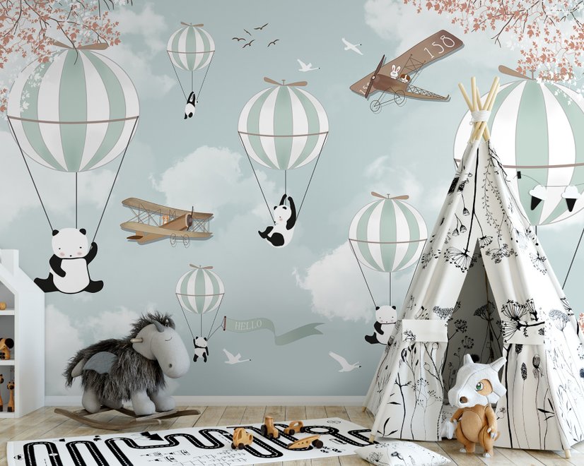 Fototapete mit Cartoon-Pandas und Heißluftballons