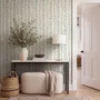 Blue floral stripe wallpaper with pale sky-blue bell flowers, green vines and sage bands on white