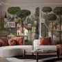 Architectural design wallpaper mural of forest treehouses, rivers, boats and small figures in green watercolour