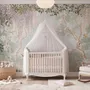 Watercolour nature wallpaper with lilac wisteria, pale trees, sage foliage and small songbirds around a misty clearing
