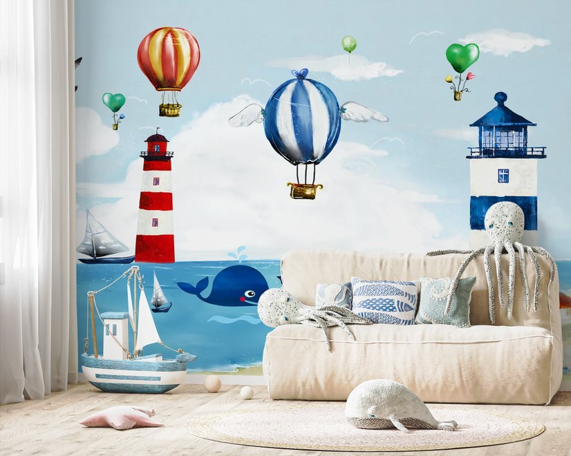 Aquarell-Leuchtturm mit Heißluftballons Fototapete
