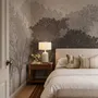 Misty forest nature wallpaper mural in greige, taupe and charcoal watercolour with birds