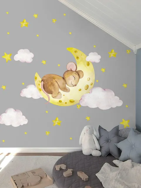 Stickers muraux mignon souris sur le croissant de lune avec étoiles jaunes aquarelle pour enfants