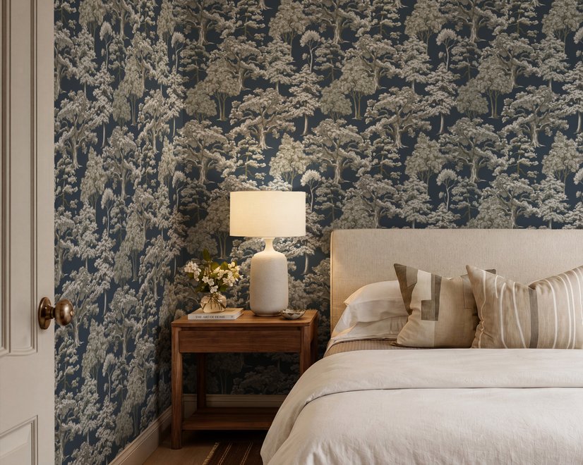 Navy wallpaper with warm ivory and taupe grey toile tree repeat on deep slate blue ground
