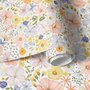Spring floral wallpaper with pastel watercolour flowers and sage leaves on a clean white ground