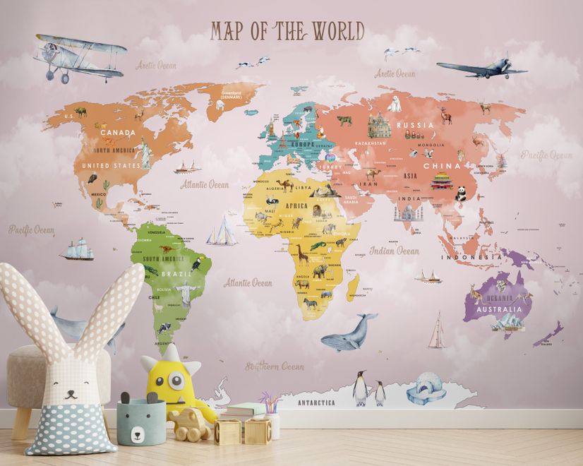 Colorful Kids World Map Wallpaper Mural