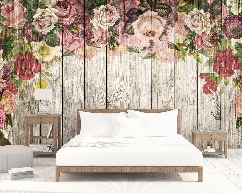 Vintage Floral with Wood Wall Wallpaper Mural