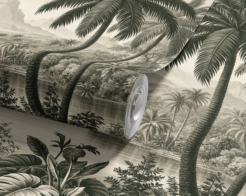 Sepia tropical landscape wallpaper with palms, banana plants, lagoon, bridge and mountains