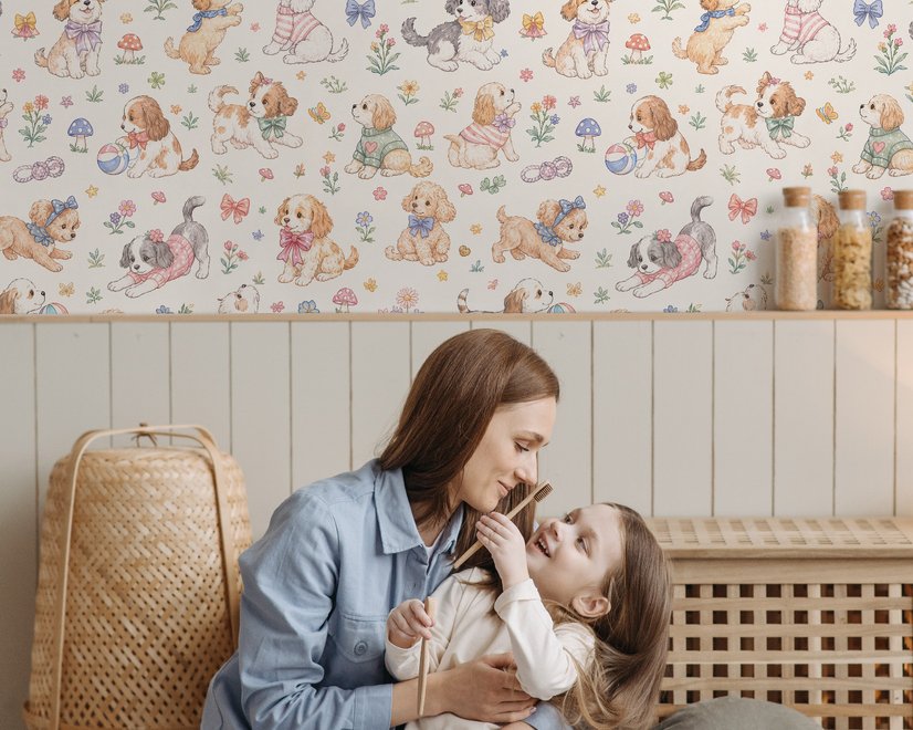 Kids Cute Watercolor Floral and  Puppies Wallpaper Mural 