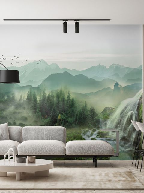 Waterfall with Misty Green Forest Landscape Wallpaper Mural