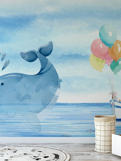 Cartoon-Meer mit rosa Elefant und Walen Fototapete