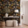 Japanese art wallpaper pattern with koi fish, gold peonies, mauve flowers and grey clouds on black