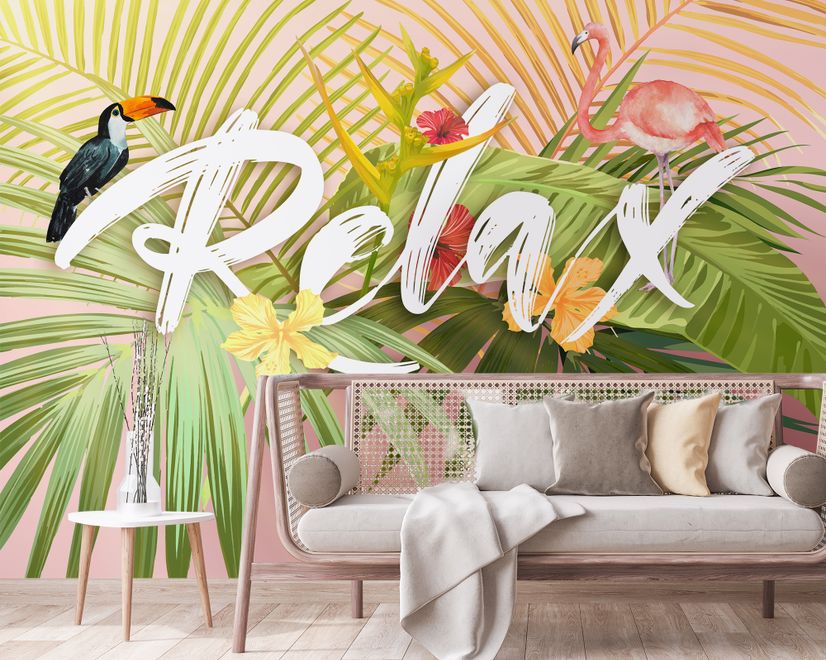 Papier peint panoramique flamant rose avec feuilles tropicales colorées