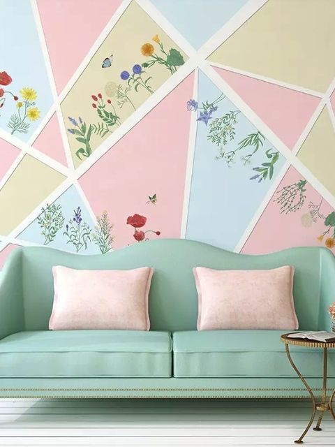 Papier peint panoramique fleuri avec formes géométriques