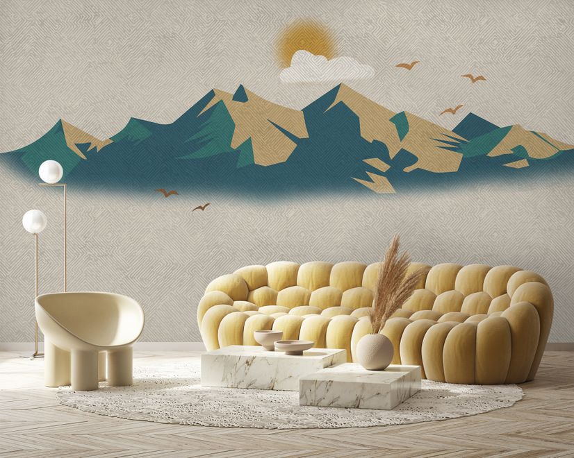 Mountain Sunrise Landscape and Old Plaid Texture Wallpaper Mural