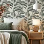 Vintage Japanese tree nature wallpaper with blue-grey canopies, willow foliage, birds and ivory-cream ground