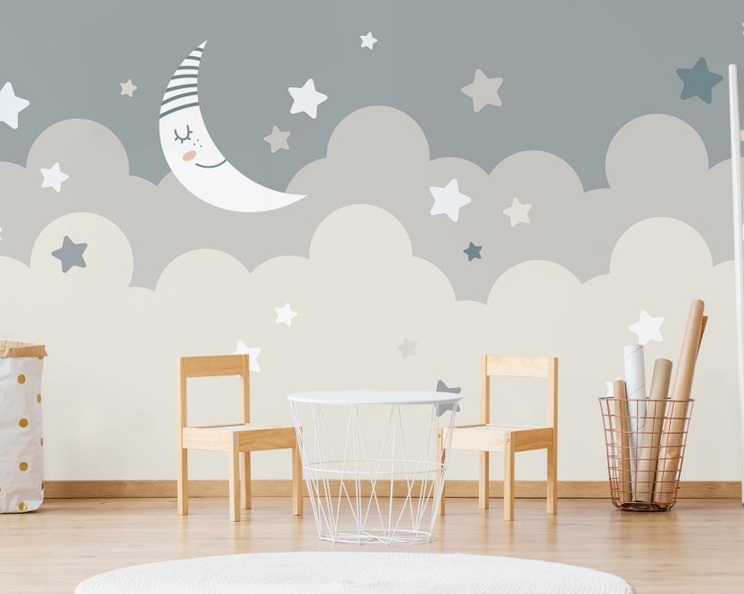 Cartoon Pink Sky and Moon Wallpaper Mural