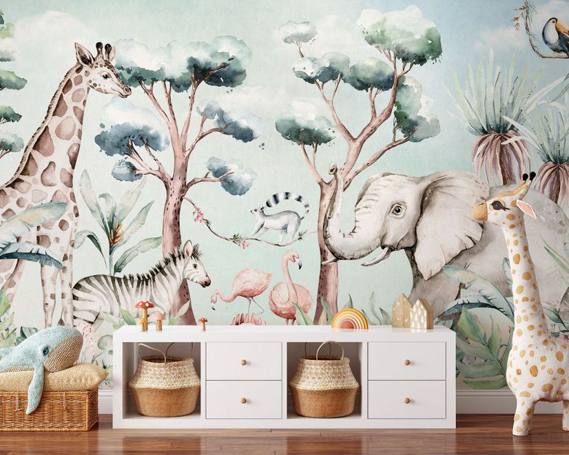 Kids Nursery Safari Animals and Flamingo in the Forest Wallpaper Mural