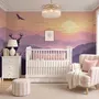 Stag mountain wallpaper with a navy deer silhouette, lavender pine ridges and a pale golden sun