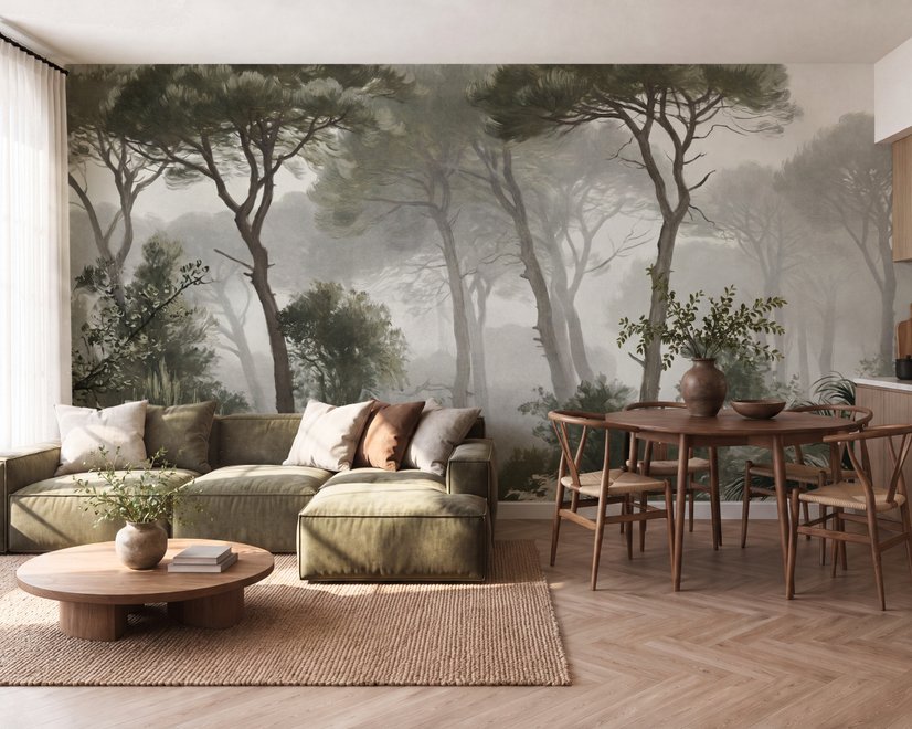 Forest in fog wallpaper with tall pine trees, grey mist, shrubs and a spiky palm in watercolour.
