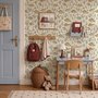 Watercolor fish wallpaper with grey-blue fish, seafoam seaweed, starfish and bubbles on warm cream