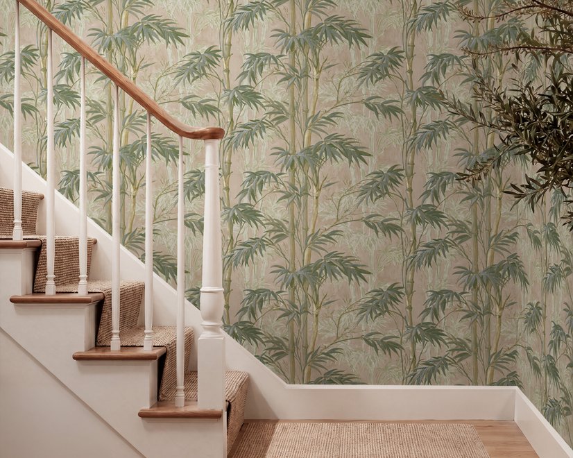 Vintage bamboo wallpaper with sage and smoky blue-green leaves on a warm taupe ground