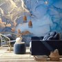 Papier Peint Panoramique Imprimé Marbre Bleu et Doré