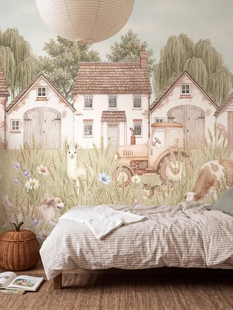 Watercolour farmhouse animal wall mural with cottages, horse, cow, tractor and wheat meadow