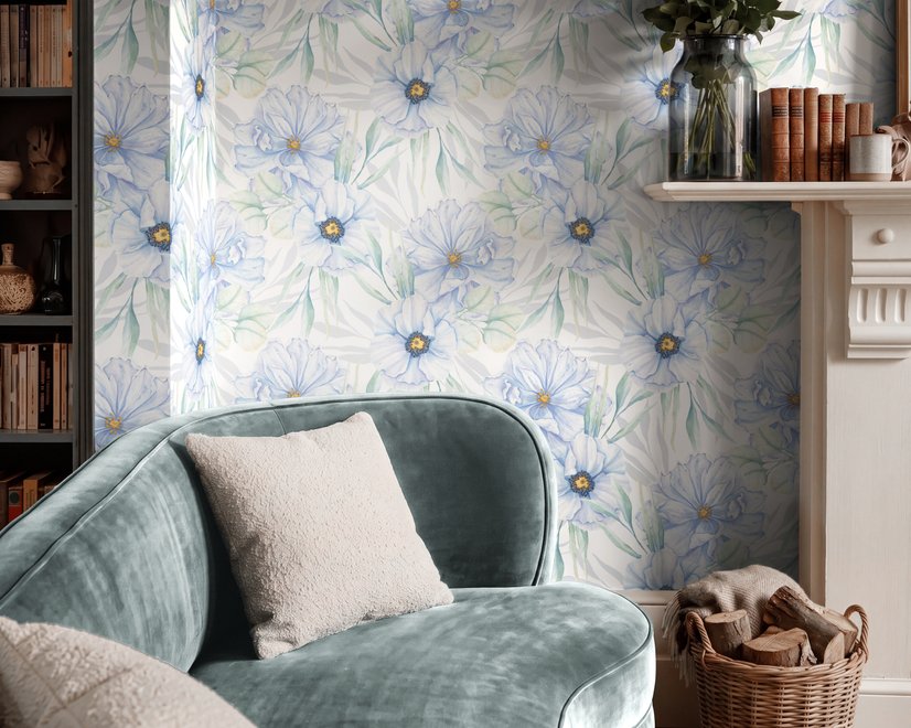 Blue floral wallpaper with watercolour anemone blooms, mint sage leaves and yellow ochre centres on white
